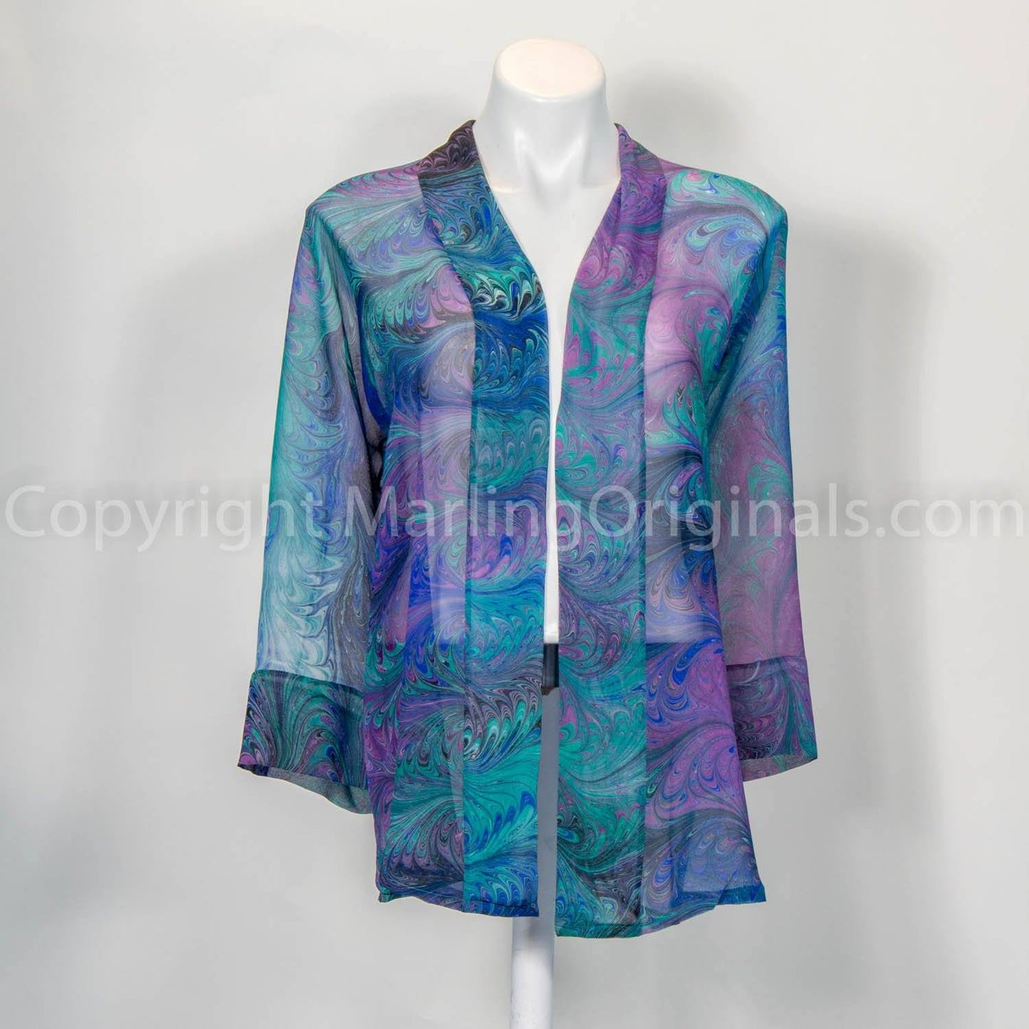 handmarbled sheer silk jacket in blue, violet and green. Kimono is one size fits most.