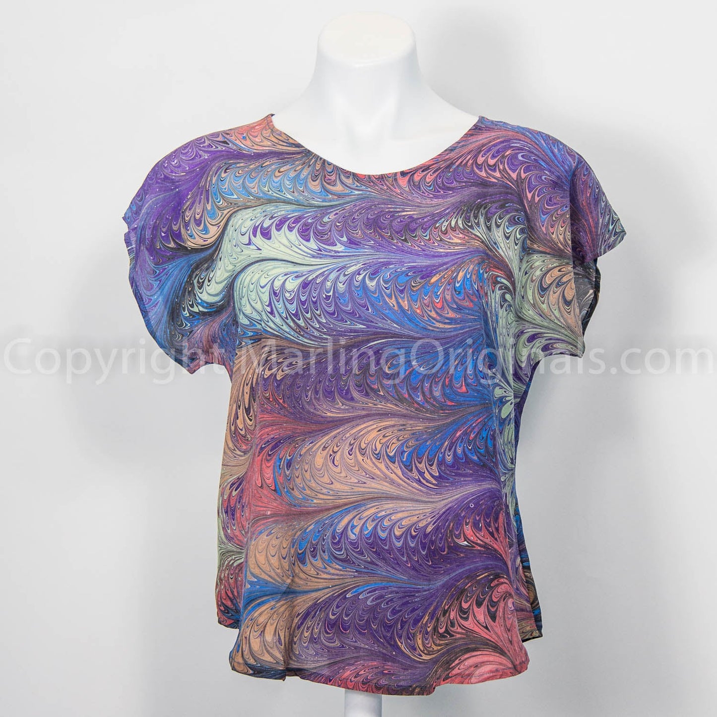 Marbled Silk top in purple, blue, celery, sand