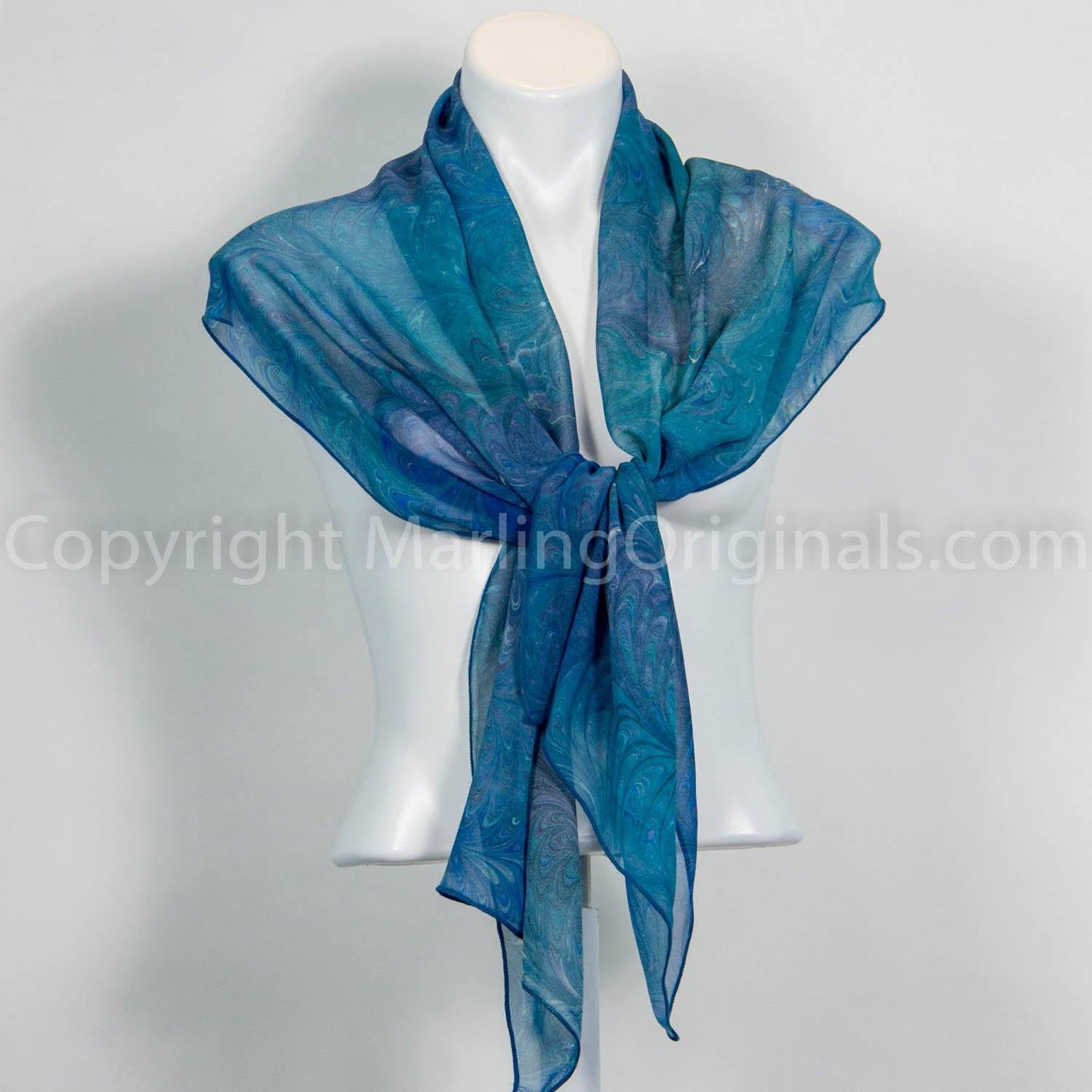 marbled silk scarf in double marbledd rich blues. Large scarf perfect for evening.