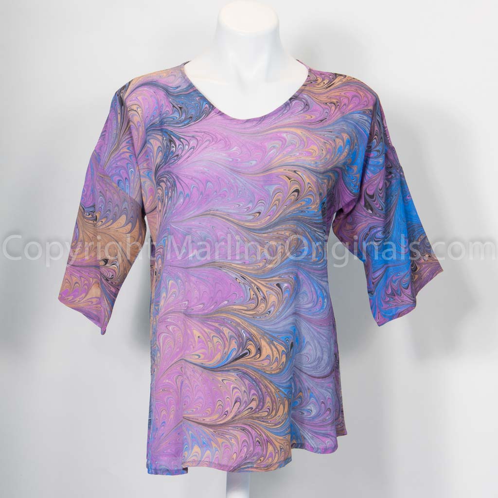 marbled silk top in lavender, peach, grey and black. Silk crepe de chine.