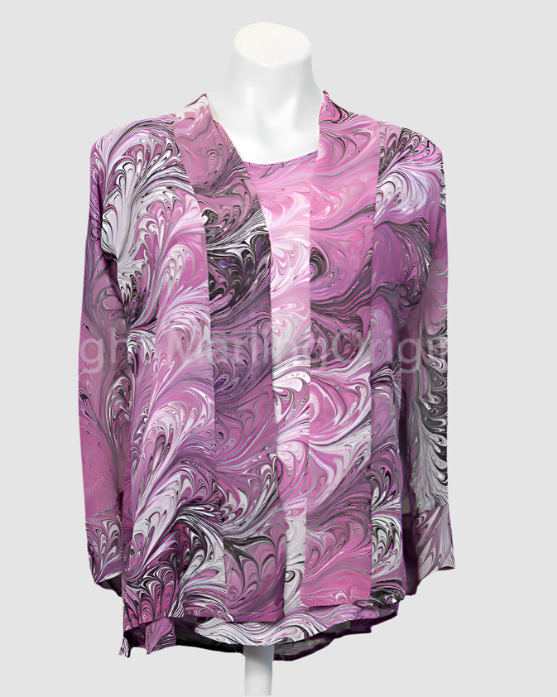 hand painted silk jacket with matching short sleeve silk top in pink, black and white