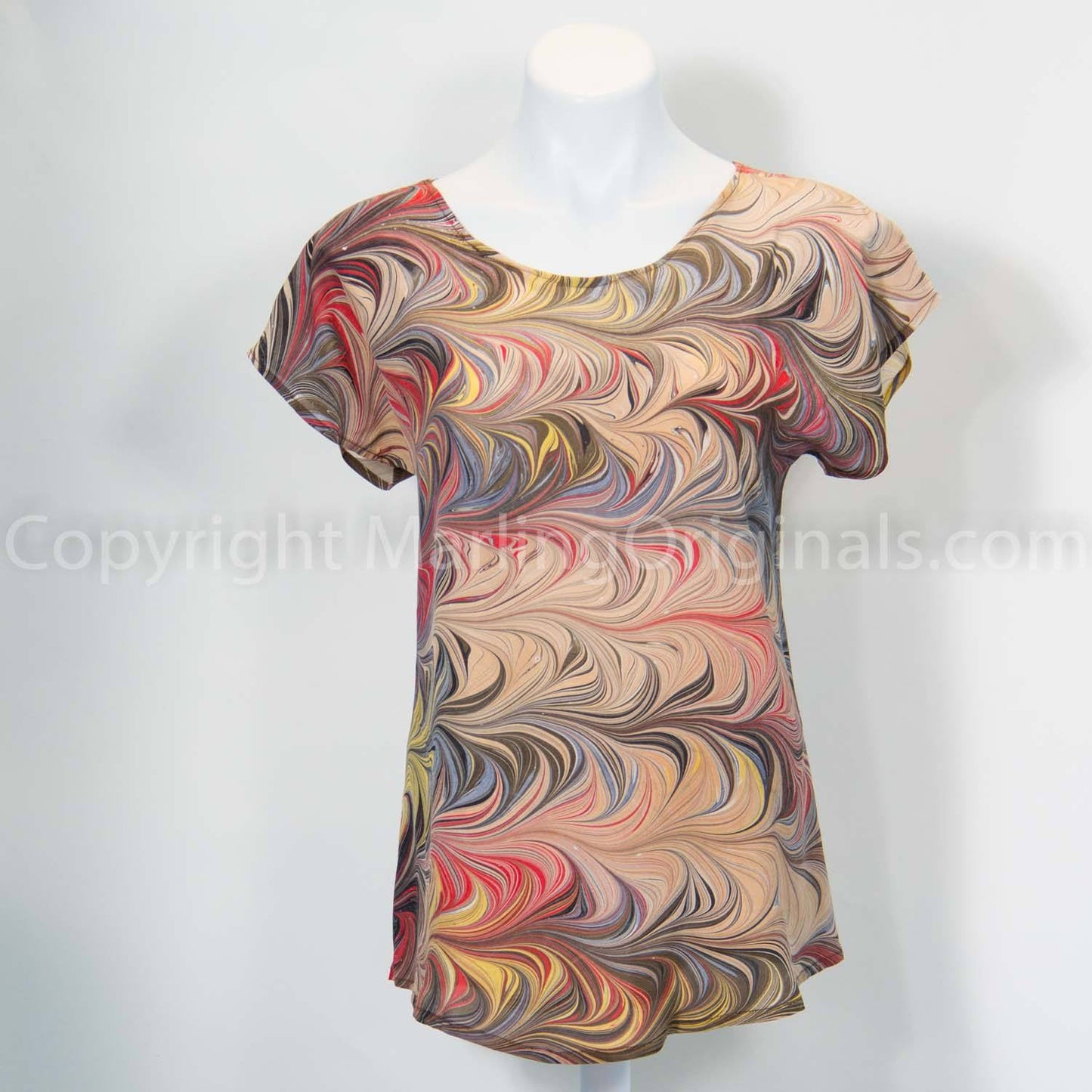 marbled silk brown blouse with gold, tan, brown, red. short sleeves, round neck