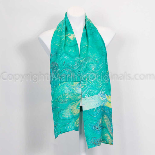 Peace, marbled silk satin scarf in bright green on mannequin against white background