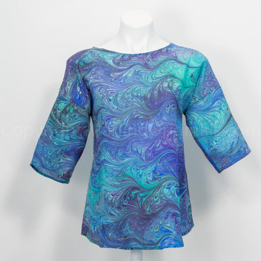 half sleeve round neck spring top marbled in teal, blue and purple tones