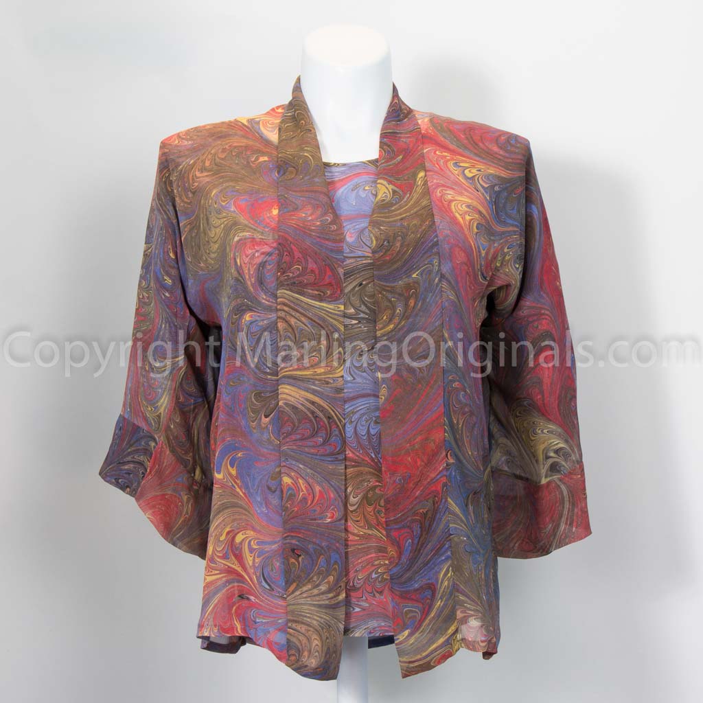 marbled silk chiffon kimono shown with matching silk top. Brown, sienna, grey tones.