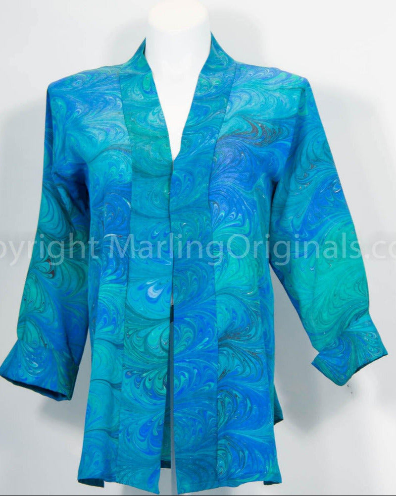 Handmarbled jacket plus size in brilliant green, blue shades. Swing style jacket, front band, cuffs