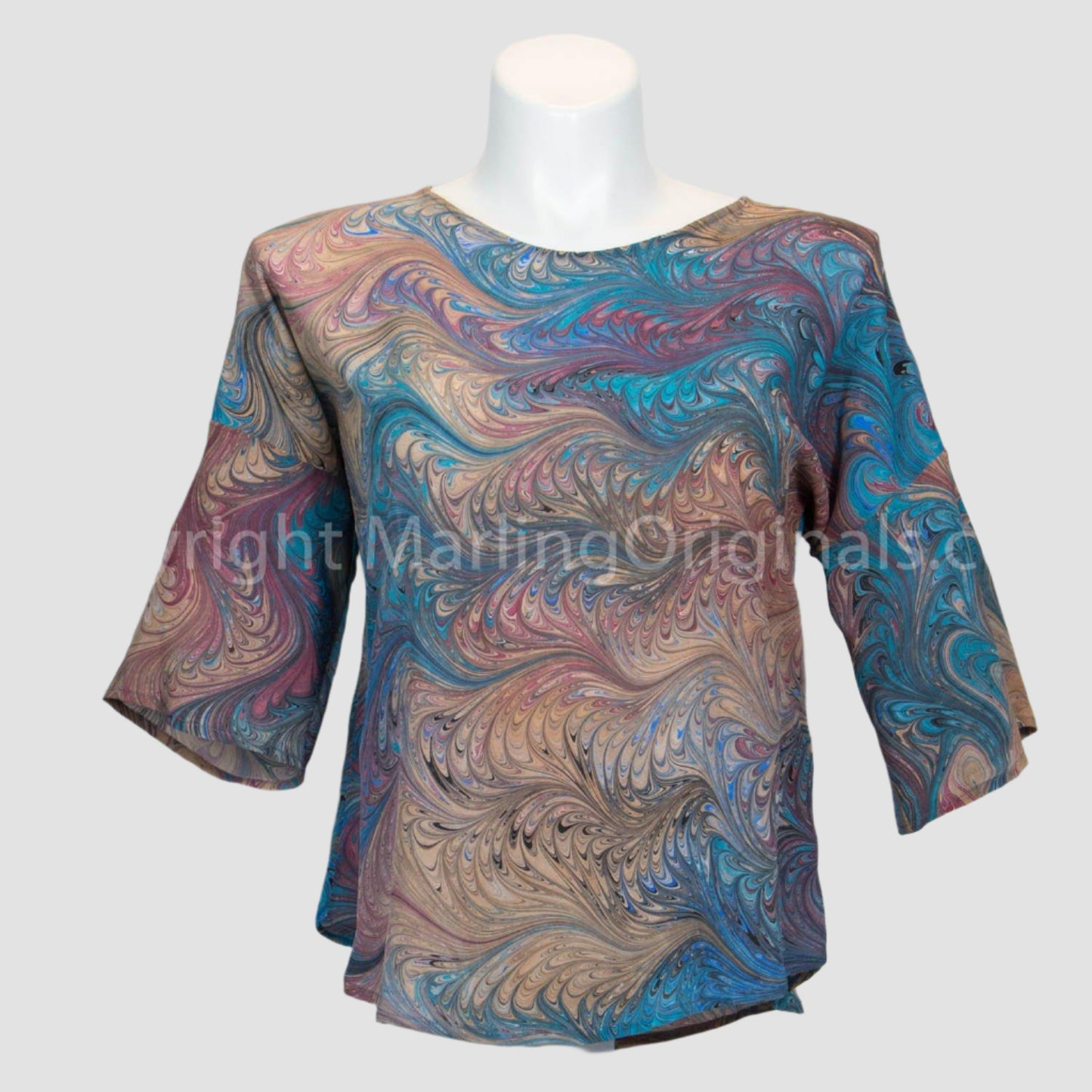 handmade silk top in rose, teal, sand and blue. Longer sleeve, round neck, flattering cut.