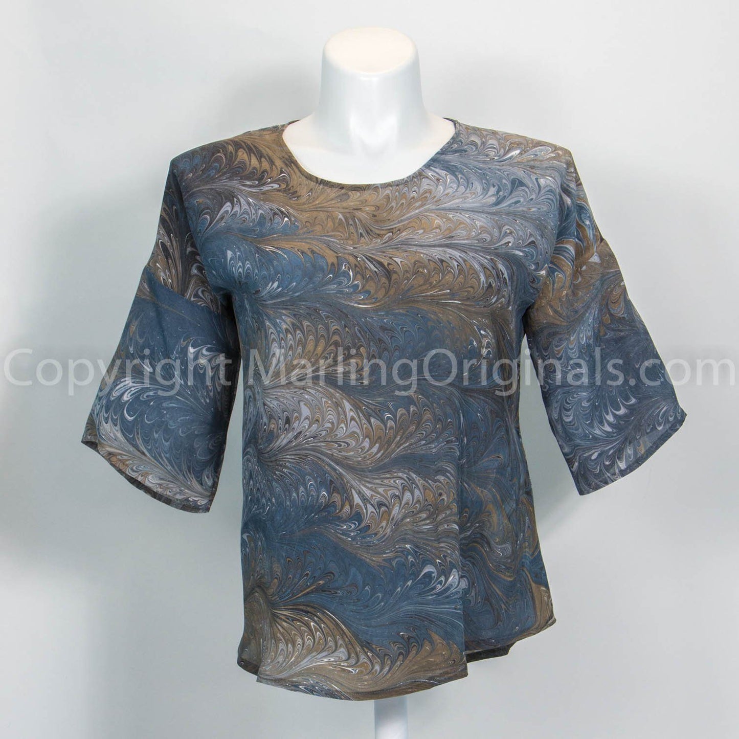 marbled grey silk top in classic style. Beautiful feathered pattern in navy, grey, brown, black.