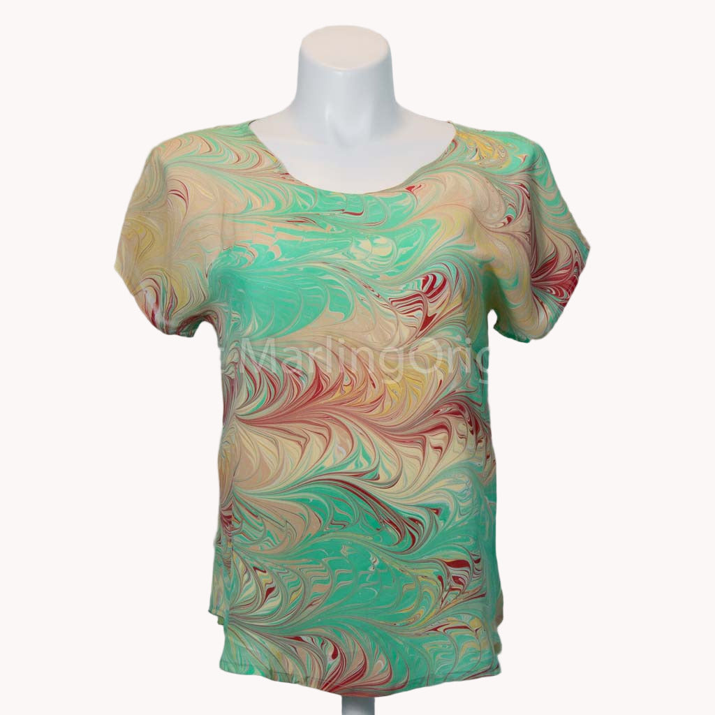 short sleeve marbled silk top in spring green, peach, gold, red