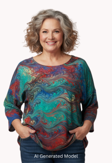 Woman wearing a colorful marbled silk top  and blue jeans on a white background - AI generated model