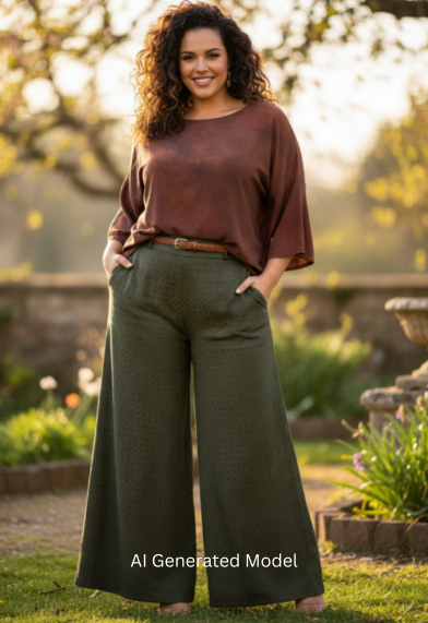 Woman wearing a hand dyed silk brown top and green wide-leg pants standing in a garden. - AI generated model