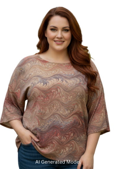 Woman wearing a patterned top on a white background - AI generated model