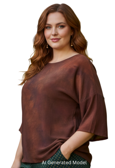 plus size woman wearing hand dyed brown silk top - AI generated model