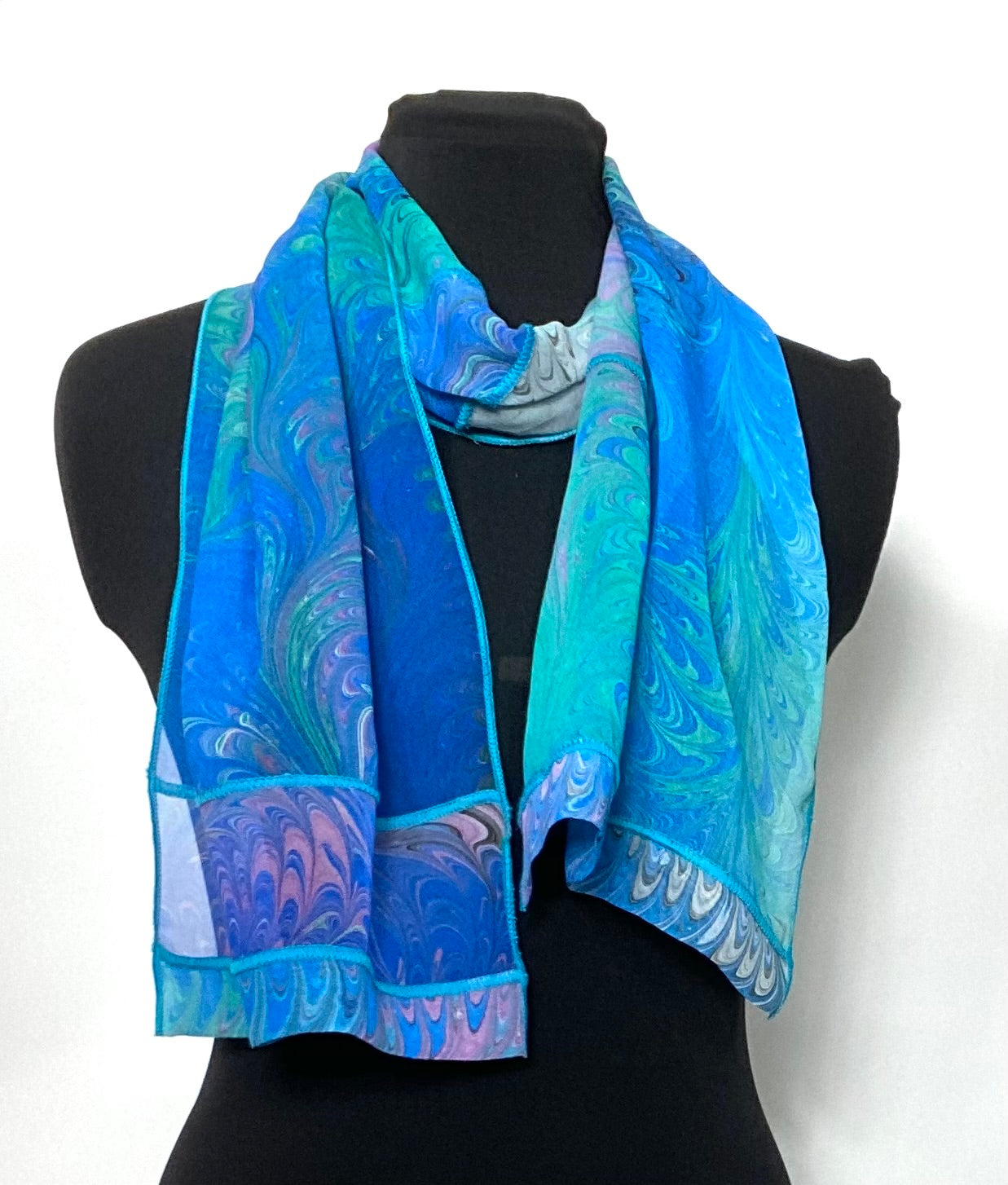 Blues & Pinks Silk Chiffon Pieced Scarf 11" x 66"