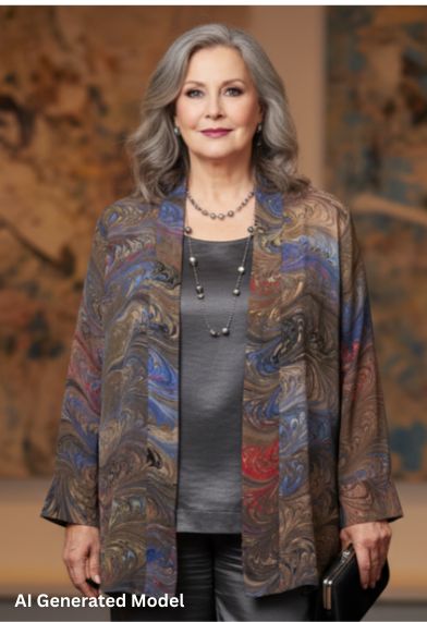 Woman wearing a marbled silk swing jacket over gray top and pants in an art gallery setting