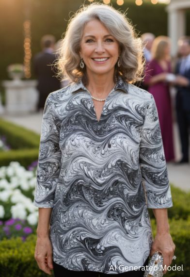 Woman wearing a marbled silk top in an outdoor setting with blurred people in the background