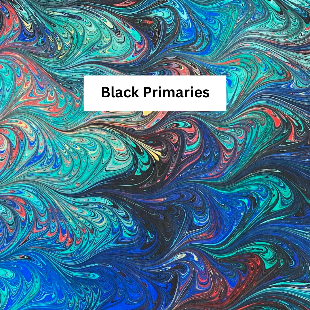 Colorful swirling marbled  pattern with 'Black Primaries' text overlay