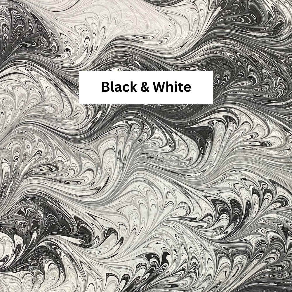 Black and white marbled pattern with a central text label