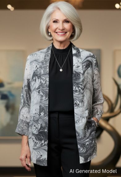 Woman wearing a sheer black and white jacket over a black top in an indoor setting