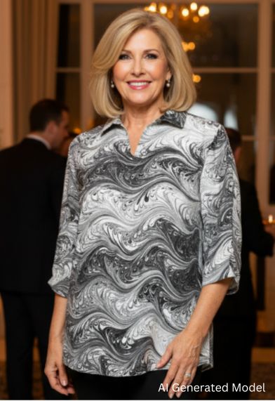 Woman wearing a marbled silk black and white blouse in an indoor setting