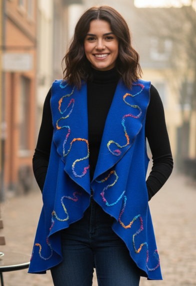 woman wearing a bright blue wool vest with decorative trim