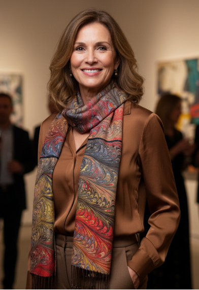 Woman wearing a marbled silk lined scarf in an art gallery setting