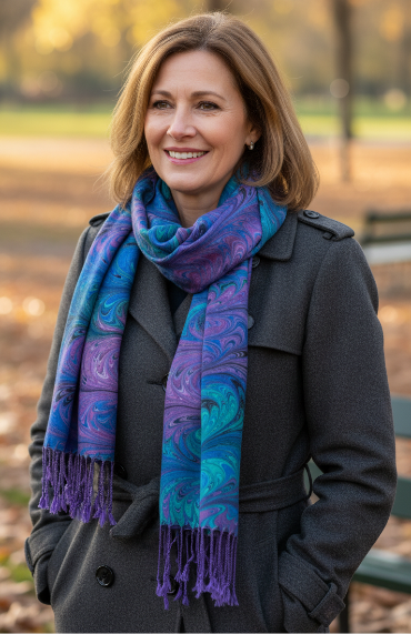 Woman wearing a colorful marbled silk scarf in an outdoor setting