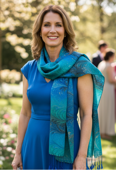 Woman in a blue dress with a marbled silk scarf standing outdoors in a garden setting.