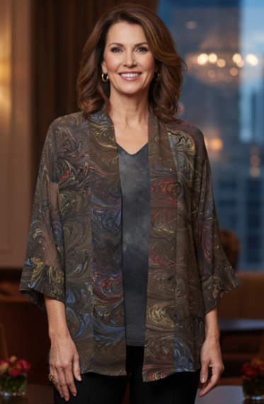 Woman wearing a hand dyed gray silk top with hand marbled brown and gray kimono jacket 