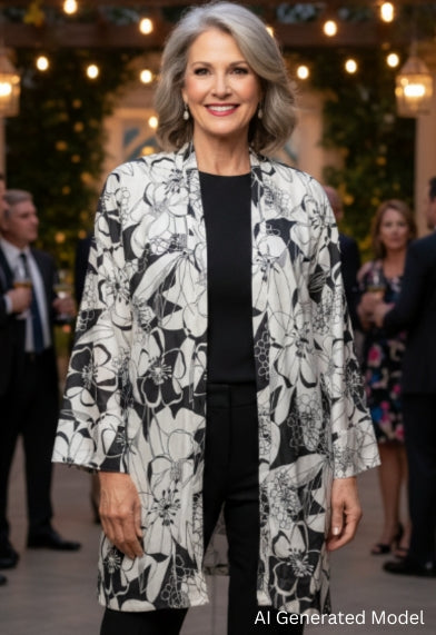 Woman in a silk graphic floral kimono style jacket standing outdoors with people in the background