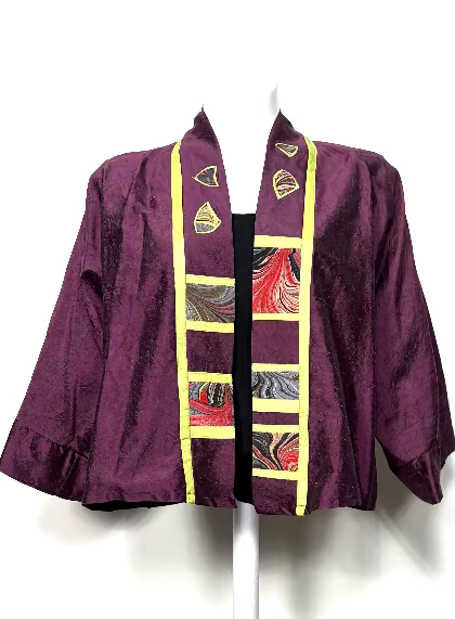 front of a dupioni silk jacket with marbled silk pieces of front cuff