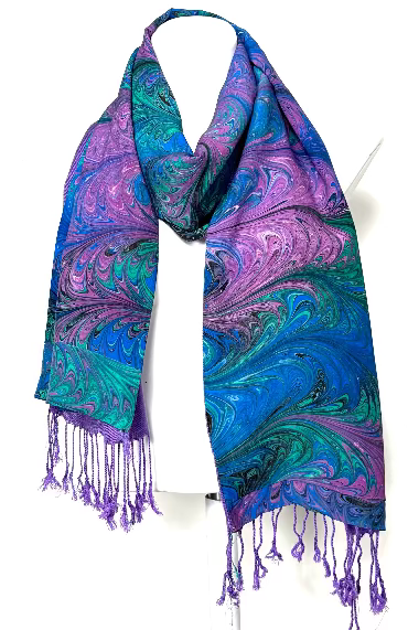 Colorful marbled silk scarf in purple and blue lined with a violet acrylic lining
