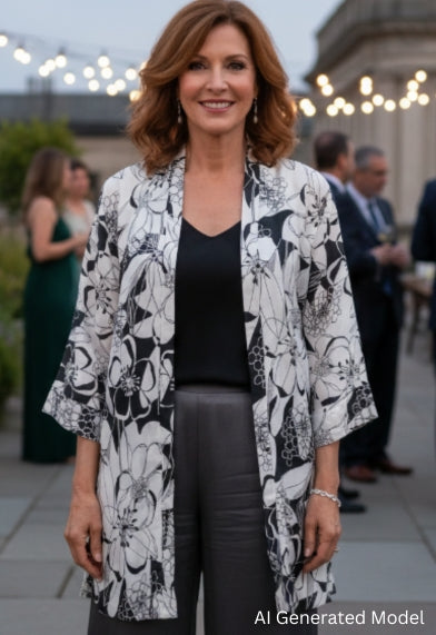 Woman in a floral kimono-style jacket standing outdoors with blurred people in the background