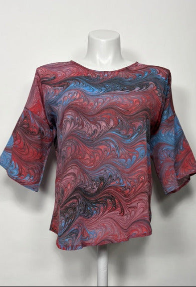 marbled silk blouse in mauve, pink, light blue with black and red highlights