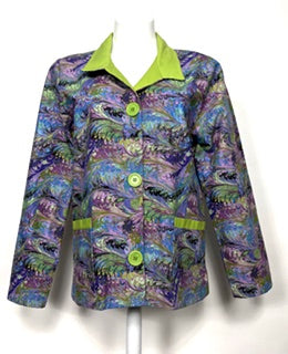 Colorful marbled cotton jacket with lime trim  on a white background