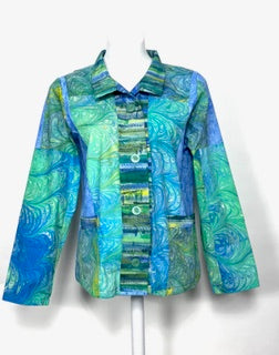 Blue and green dyed and marbled jacket on a white background