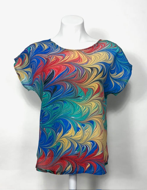 Hand-Marbled Silk Blouse in Bright Colors - XS