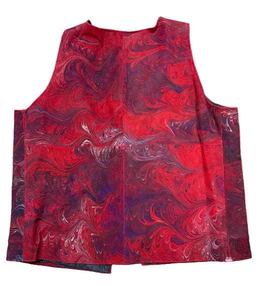 Back of a Red and black marbled suede vest