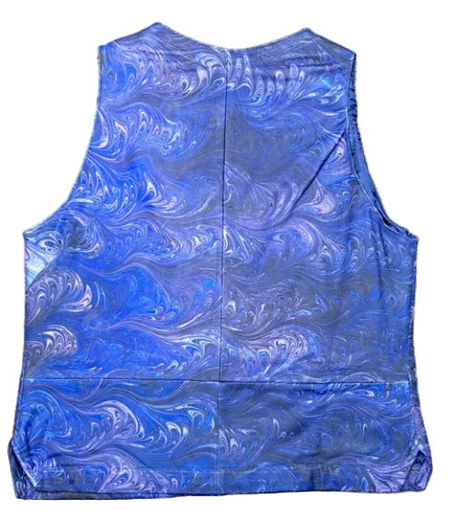 Back of navy and lilac marbled leather vest