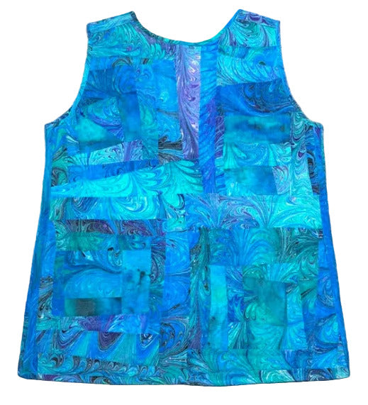 back of blue marbled quilted vest