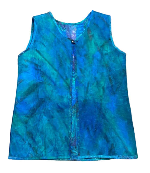 blue quilted marbled vest in handpainted abstract pattern