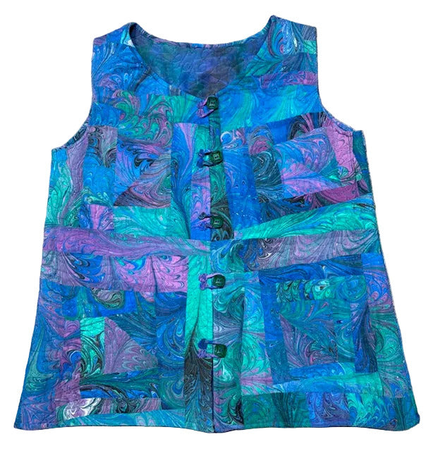 Blue and purple marbled silk quilted vest with buttons down the front