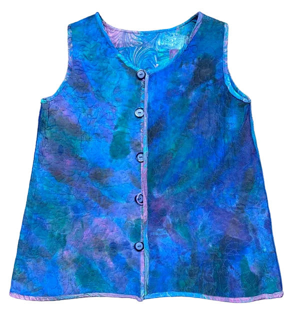 Blue and purple handpainted quilted vest with buttons down the front