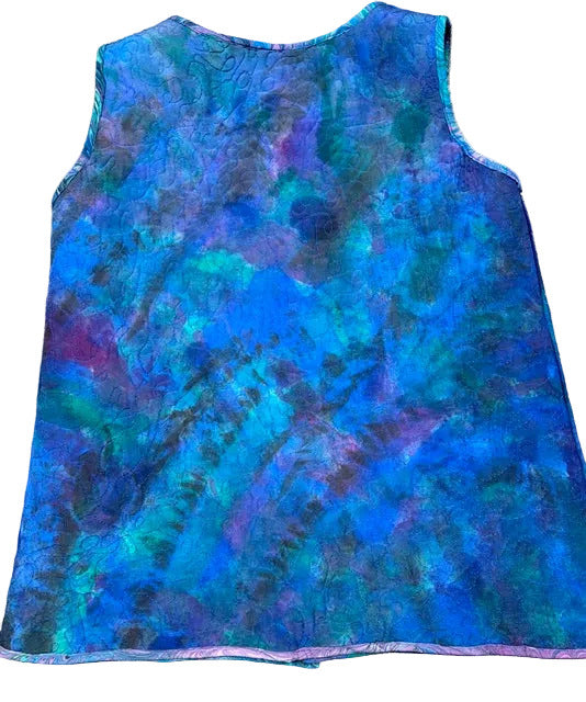 Back of blue hand painted quilted vest 