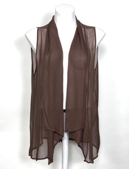 Brown silk sheer vest on a mannequin against a white background