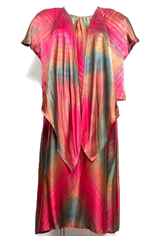 Cranberry tones with hunter green and soft gold shibori dye technique silk satin dress with a pattern