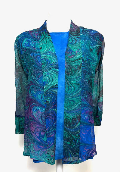 Jewel tones marbled silk kimono jacket on a white background