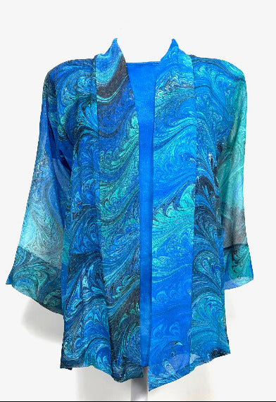 Blue and green marbled silk kimono style jacket