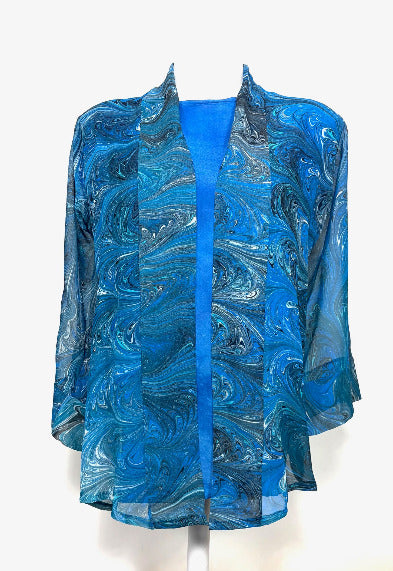 Blue marbled silk kimono jacket on a white background