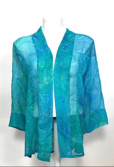 Soft Greens & Aquas Hand-Marbled Silk Chiffon Kimono — One Size